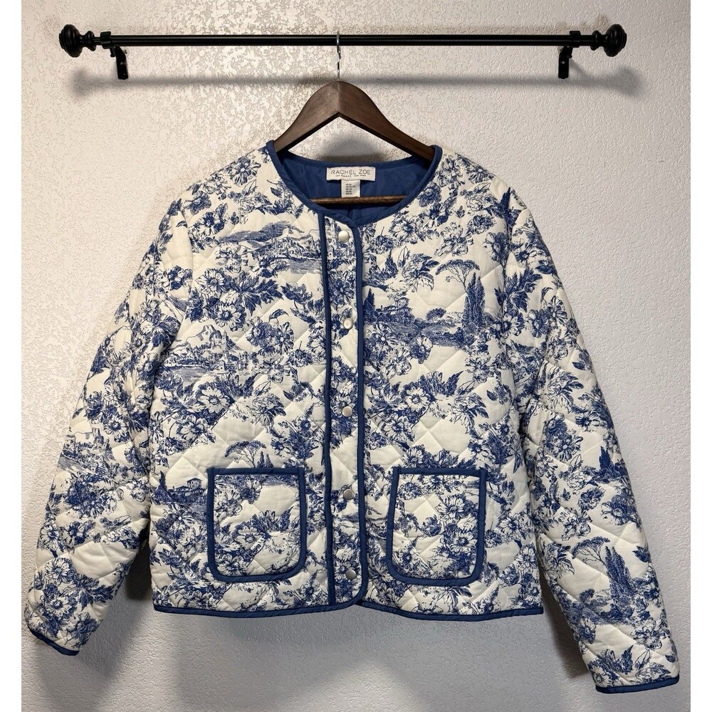 Rachel Zoe Womens XL Blue White Floral Toile Quilted Snap Front Jacket Pockets